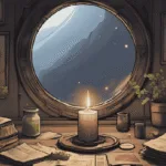 Mirror Spells for Protection: A witch’s altar with a candle, small mirror, and protective herbs, showing mirror spells for protection.