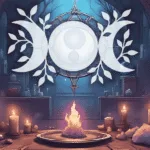 A witch’s altar with candles, crystals, and the Triple Moon symbol, showing its meaning and power in witchcraft.