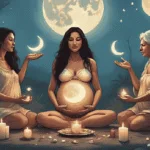 A whimsical witchy scene showing three women as the Triple Goddess: a beautiful young woman with flowing hair holding a crescent moon, a glowing pregnant woman cradling her belly beneath a full moon, and an elderly woman with silver hair holding a staff under a waning moon. Mystical woodland setting, candles, crystals, and soft lunar light.