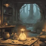 A rustic witch’s altar with bay leaves, candles, and a charm bag glowing with protective energy, Lancashire cottage setting.