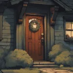 A cottage doorway with bay leaves tucked above the frame, a handmade bay wreath on the door, warm candlelight glowing from inside.
