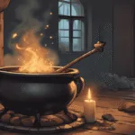 Bay Leaves | A cauldron with a bay leaf smouldering, fragrant smoke curling upward in a protective circle, candlelight flickering in a cottage.