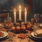 Dumb Supper table set for Samhain with candles, autumn food, and an empty place to honour ancestors — a traditional witchcraft ritual for remembrance and connection.