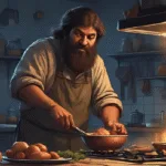 Warm rustic cottage kitchen at night; bearded, grumpy-but-loving kitchen witch cooking at the hob; candles glowing; herbs hanging; gentle winter magic in the air. Cosy Kitchen Witch Spells