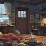 A cosy witch’s cottage in winter, dim candlelight, blankets, herbal tea steaming, a grumpy but loving kitchen witch in the background, snow outside, peaceful restful atmosphere.