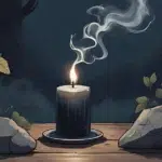Banishing Shadows Spell: Black candle burning beside sage and protective crystals during a Banishing Shadows Spell