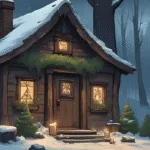 Cosy witchy cottage at night, candles and evergreens on an altar, protective symbols on the door, snow outside the window – Winter Protection Magic scene.