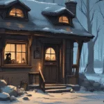Cosy witch’s cottage on New Year’s Eve, candles glowing, soft fairy lights, a witch at the window with a candle and mug of tea, subtle protective wards around the door, peaceful winter night outside. Peace And Protection Rituals