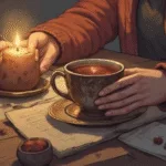 Self-Love Magic for Real People, cosy winter witchcraft scene with candlelight, mug of tea, soft shadows, earthy tones, gentle and reassuring mood