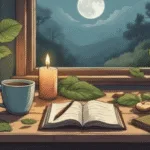 witchcraft practice - A calm, earthy flat-lay scene showing a beginner witch’s simple setup: a candle, mug of tea, notebook, leaves, and moonlight through a window. Natural tones, soft light, grounded and welcoming atmosphere, modern green witch aesthetic, no dramatic fantasy.