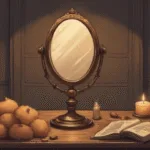 A Simple Glamour Spell for Confidence and Radiance, soft candlelight, mirror on wooden table, warm earthy tones, calm and grounded witchcraft aesthetic