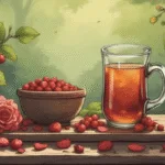 Herbal Support for the Heart, rose petals and hawthorn berries on wooden table, herbal tea, soft natural light, earthy green witch aesthetic