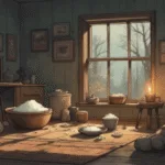 Cleansing After the Holidays: Simple Space Reset Rituals. A calm, winter home interior with soft candlelight, a bowl of water and salt, folded blankets, and daylight through a window. Minimal, cosy, post-holiday atmosphere, earthy tones, peaceful and grounded, modern green witch aesthetic.