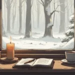 Setting Witchy Goals for the Year Ahead: A calm winter altar scene with a candle, journal, pen, and a cup of tea by a window. Soft daylight, earthy tones, reflective mood, minimal and grounded, modern green witch aesthetic, no dramatic fantasy.