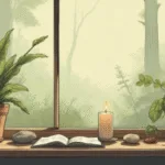 Altar Basics: A small, simple altar set on a windowsill or shelf with a candle, plant, stone, and notebook. Soft natural light, calm and welcoming mood, earthy tones, minimal and realistic, modern green witch aesthetic suitable for beginners.