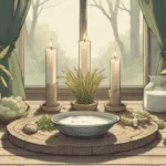 Imbolc Correspondences: Purity, Light, and Rebirth. A softly lit Imbolc altar scene celebrating purity, light, and rebirth. White and green candles glowing gently, a Brigid’s cross made from straw, a small bowl of milk, snowdrops in a simple jar, and natural crystals like clear quartz and amethyst. Early spring light filtering through a window, earthy textures, neutral tones, calm and hopeful atmosphere. Subtle magic, grounded and traditional, modern green witch aesthetic, realistic and peaceful.
