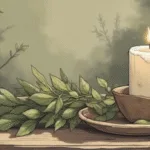what is sage used for in witchcraft - A softly styled witchcraft scene featuring dried sage leaves beside a white candle and a small ceramic bowl, natural daylight, earthy colours, minimal altar setup, calm and respectful atmosphere, grounded and beginner-friendly.