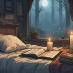 Truth-Revealing Dream Spell, candlelit bedside altar, journal, herbs, moonlight, soft shadows, calm witchcraft aesthetic, dreamy atmosphere