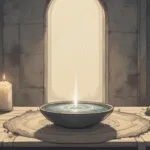 Justice Without Conflict Ritual, white candle, bowl of water, stone for balance, calm witchcraft altar, soft neutral tones, peaceful atmosphere