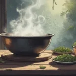 Fog-Lifting Spell for Mental Confusion, white candle, steaming bowl, herbal tea, soft light, calm witchcraft altar, peaceful atmosphere