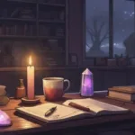 Desk workspace with candle, tea mug, small crystal, notebook, calming office setting, soft lighting, subtle witch aesthetic