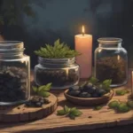 Black salt in small glass jars with herbs, charcoal, rosemary, candlelight, rustic witch altar, earthy tones, magical atmosphere