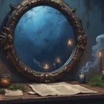Dark witchy altar with mirror, black and blue candles, bay leaves, rosemary, smoke and handwritten spell papers, moody magical atmosphere