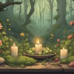 Early spring green witch altar with flowers, herbs, candle, moss, soft natural light, earthy textures, seasonal witchcraft aesthetic