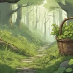 Spring foraging in Lancashire, hedgerow herbs, mossy woodland path, basket of wild plants, soft natural light, green witch aesthetic