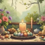 Ostara altar at home with spring flowers, candles, eggs, greenery, soft morning light, earthy witchcraft aesthetic, seasonal decor
