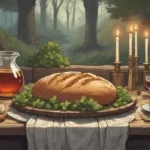 Spring Equinox kitchen witch table with herbs, bread, eggs, tea, candles, rustic wooden surfaces, soft spring lighting