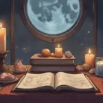 Moon magic altar with candles, moon phase chart, crystals, journal, soft moonlight, earthy witch aesthetic, beginner-friendly setup