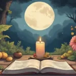 April full moon altar with candle, journal, herbs, spring flowers, soft moonlight, earthy witch aesthetic, peaceful atmosphere