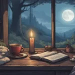 Moon journalling setup with candle, notebook, tea, moonlight, soft blankets, calming witch aesthetic, peaceful reflection space