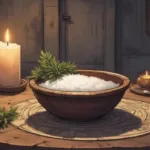Protective home altar with salt bowl, rosemary, candle, doorway charm, earthy witch aesthetic, warm lighting, cosy atmosphere