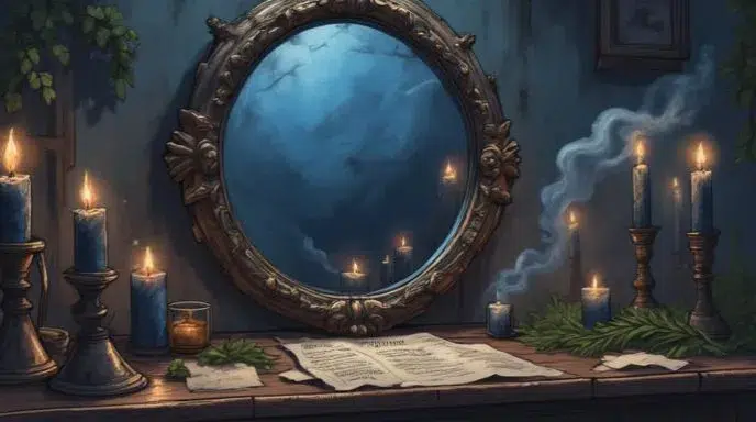 Dark witchy altar with mirror, black and blue candles, bay leaves, rosemary, smoke and handwritten spell papers, moody magical atmosphere
