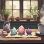 A cosy cottage table with a small collection of beginner-friendly crystals including clear quartz, amethyst and rose quartz beside a steaming mug of tea, natural window light, witchy but realistic atmosphere, Lancashire cottage style, warm colours, practical folk magic aesthetic,