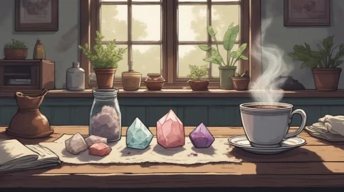 A cosy cottage table with a small collection of beginner-friendly crystals including clear quartz, amethyst and rose quartz beside a steaming mug of tea, natural window light, witchy but realistic atmosphere, Lancashire cottage style, warm colours, practical folk magic aesthetic,