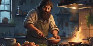 Warm rustic cottage kitchen at night; bearded, grumpy-but-loving kitchen witch cooking at the hob; candles glowing; herbs hanging; gentle winter magic in the air. Cosy Kitchen Witch Spells