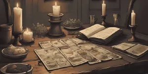 Tarot for Beginners | A vintage-style tarot deck on an old wooden table with candles, herbs, and an open grimoire. Warm, mystical lighting.