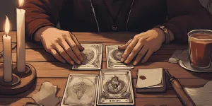 Tarot for Beginners | A beginner witch shuffling tarot cards at a wooden table, with candles, tea, and a notebook beside the deck. Warm and inviting.