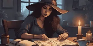 Tarot for Beginners | A witch gazing at a tarot spread, journal and teacup nearby, soft candlelight and shadows. Calm, reflective mood.