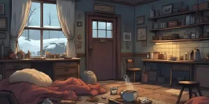A cosy witch’s cottage in winter, dim candlelight, blankets, herbal tea steaming, a grumpy but loving kitchen witch in the background, snow outside, peaceful restful atmosphere.