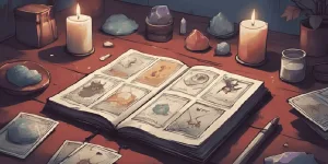 Tarot for Beginners A beginner witch’s tarot setup with candles, crystals, and an open notebook, cards laid out casually. Cosy and approachable.