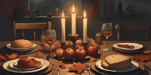 Dumb Supper table set for Samhain with candles, autumn food, and an empty place to honour ancestors — a traditional witchcraft ritual for remembrance and connection.