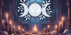 A witch’s altar with candles, crystals, and the Triple Moon symbol, showing its meaning and power in witchcraft.