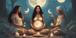 A whimsical witchy scene showing three women as the Triple Goddess: a beautiful young woman with flowing hair holding a crescent moon, a glowing pregnant woman cradling her belly beneath a full moon, and an elderly woman with silver hair holding a staff under a waning moon. Mystical woodland setting, candles, crystals, and soft lunar light.